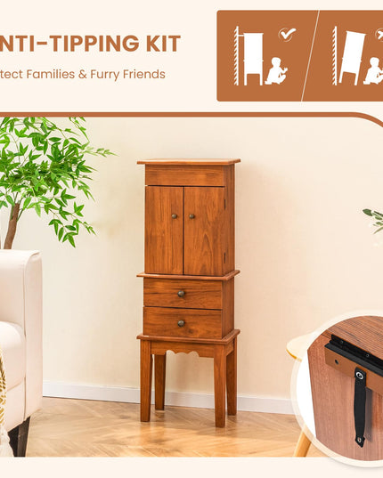 CHARMAID Jewelry Cabinet with 6 Drawers, Standing Jewelry Armoire with Flip Top Mirror, 2 Side Doors with 6 Necklace Hooks
