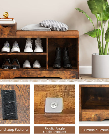 Giantex Industrial Shoe Storage Bench - Entryway Shoe Bench with Removable Cushion, Storage Drawer, Rustic Brow