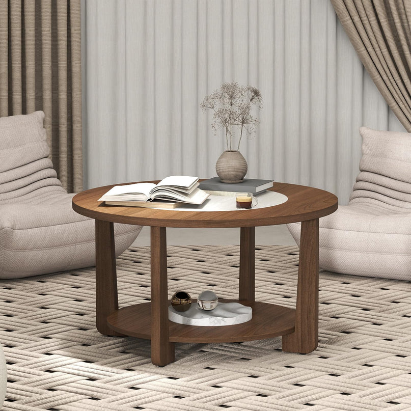 Giantex 2-Tier Round Farmhouse Coffee Table with 2-Tone Tabletop