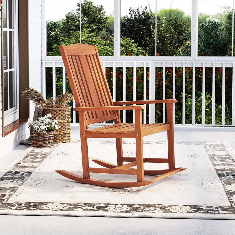 Giantex Solid Wood High Back Rocker with Slatted Sea Outdoor Rocking Chair