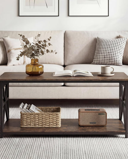 Giantex Farmhouse Coffee Table | 43" Center Table with Storage & X-Shaped Frames