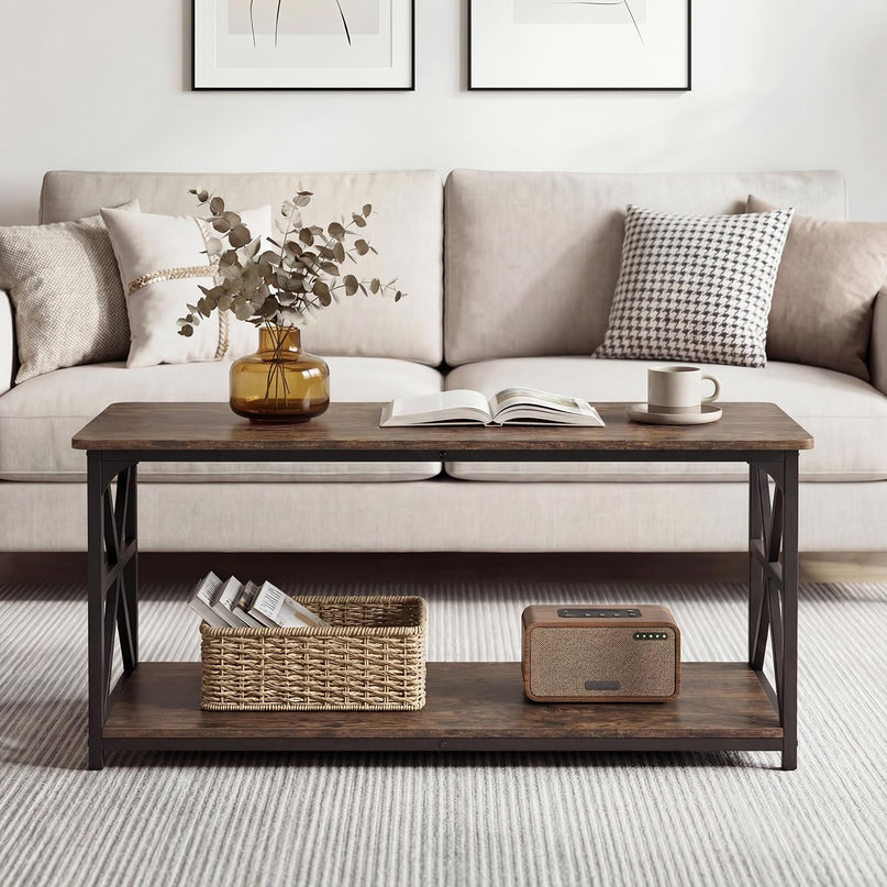 Giantex Farmhouse Coffee Table | 43" Center Table with Storage & X-Shaped Frames