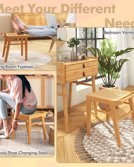 CHARMAID Vanity Stool, Bamboo Ottoman Foot Rest with Rattan Seat, Anti-Slip Foot Pads