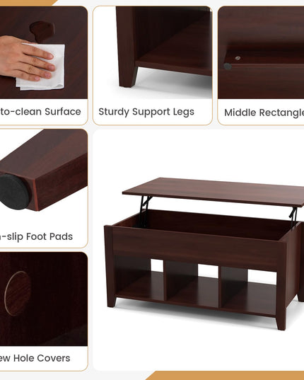 Giantex Lift Top Coffee Table - Rectangular Wooden Table w/Hidden Compartment & Open Storage Shelves