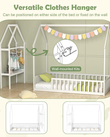 Giantex Twin House Floor Bed, Solid Wood Montessori Floor Bed with Detachable Storage Shelf & Clothes Hanger