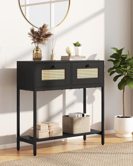 Console géante en rotin bohème de 81 cm avec 2 tiroirs et cadre en métal