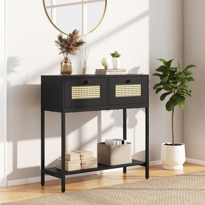 Console géante en rotin bohème de 81 cm avec 2 tiroirs et cadre en métal