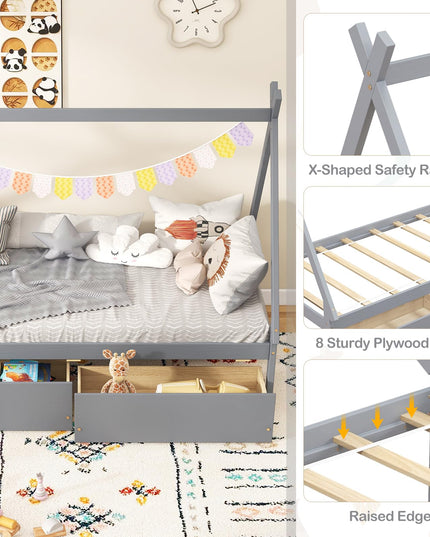 Giantex Twin Bed Frame with 2 Storage Drawers, Wood House Tent Platform Bed Frame with Triangle Structure