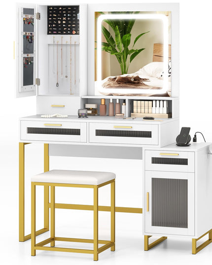 CHARMAID Vanity Desk with Mirror and Lights, White Makeup Vanity Desk with Jewelry Organizer