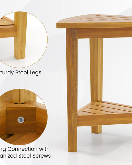 Giantex Corner Shower Bench - Teak Wood Shower Stool with Storage Shelf