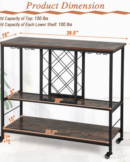 Giantex 3-Tier Wine Bar Cabinet - on Wheels, 8 Bottles Rack & 12 Glasses Hanger (Rustic Brown & Black)