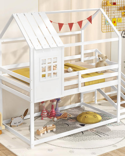 Giantex Twin Bunk Beds with Stairs, Floor House Bed with Roof & Window