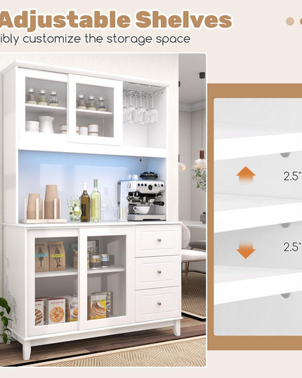 Giantex 73" Kitchen Pantry Storage Cabinet, Hutch Cabinet with LED Lights & Power Outlet, Kitchen Buffet Cabinet w/Wine Glass Racks