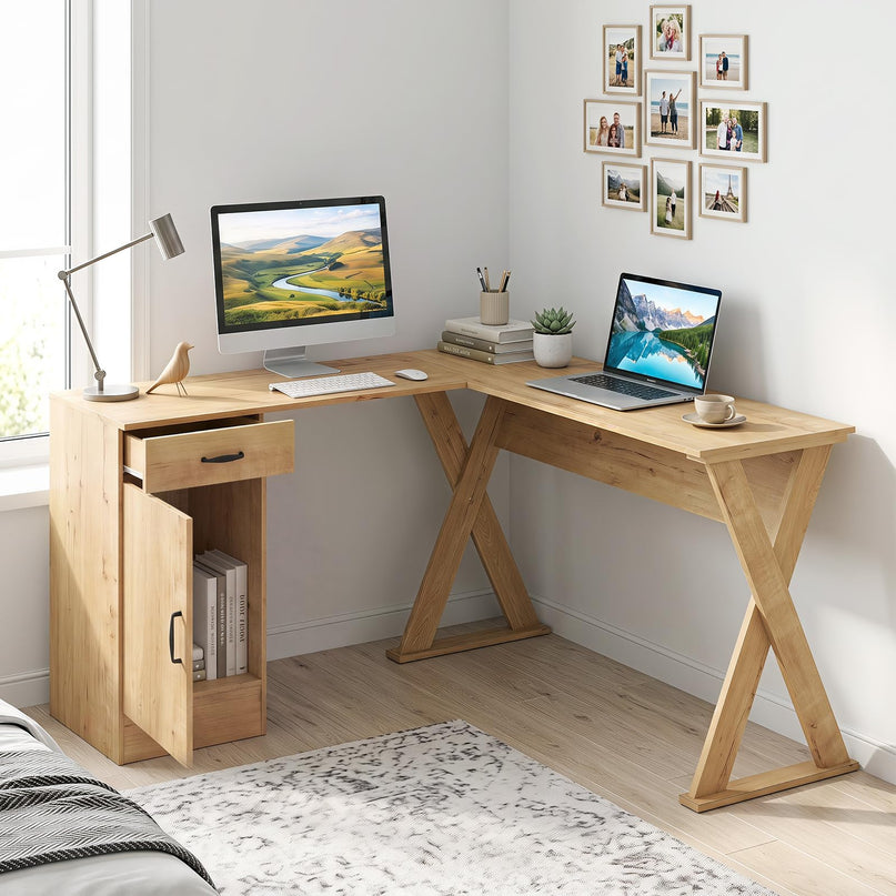 GIANTEX L-Shaped Computer Desk with Reversible Drawer & Cabinet