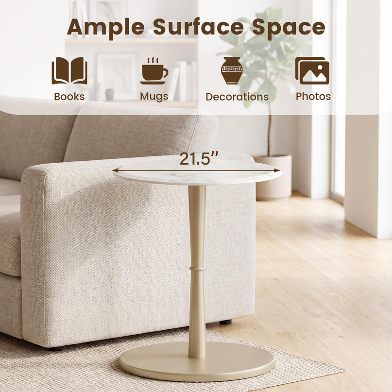 Giantex Round Marble Side Table w/Stone Finish & Wooden Pedestal (1/2)