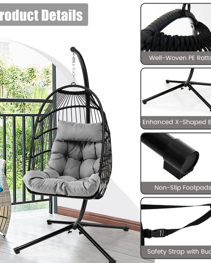 Giantex Egg Chair with Stand, Hanging Basket Chair Hammock Chair w/ Steel Stand Pillow Seat Cushion Rattan Basket & Dust Cover