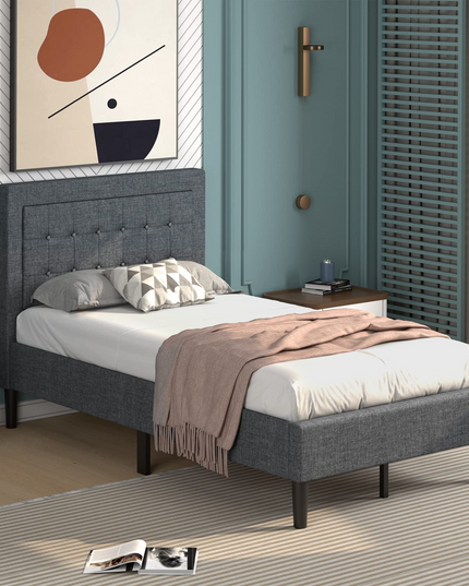 Modern Platform Bed w/Button Tufted Headboard | Upholstered Bed Frame