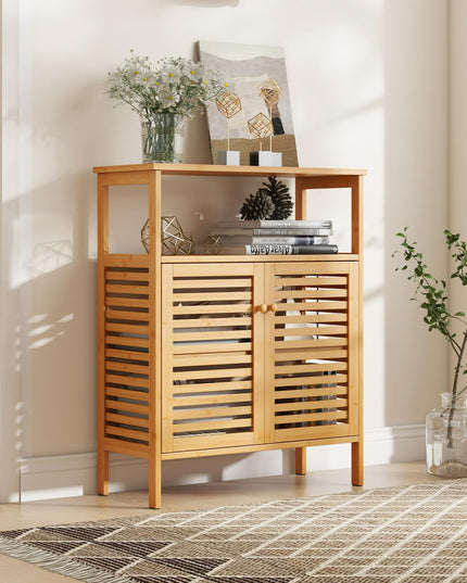 Giantex Storage Cabinet, Bamboo Bathroom Floor Cabinet with Double Louvered Doors