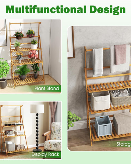 Giantex Plant Stand Indoor Outdoor - Bamboo 3-Tier Hanging Tall Ladder Flower Pot