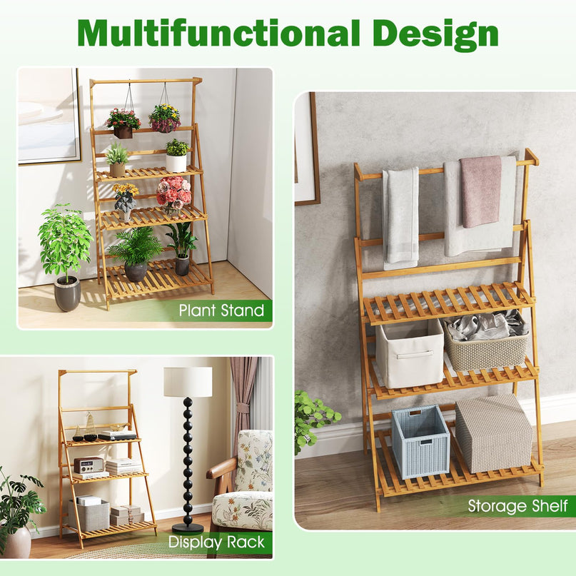 Giantex Plant Stand Indoor Outdoor - Bamboo 3-Tier Hanging Tall Ladder Flower Pot