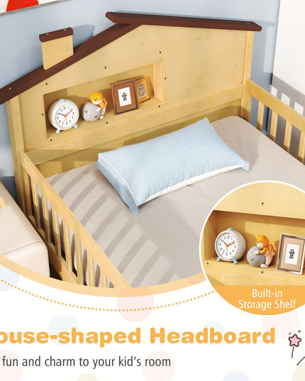 Giantex Twin Bed Frames for Kids, Solid Wood Montessori Bed with House-Shaped Headboard & Built-in Storage Shelf