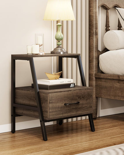 Giantex 3-Tier Farmhouse Nightstand with Drawer and Open Shelf