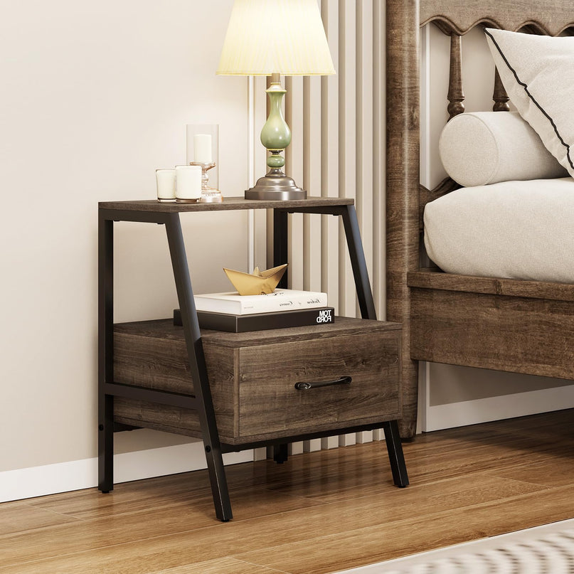 Giantex 3-Tier Farmhouse Nightstand with Drawer and Open Shelf