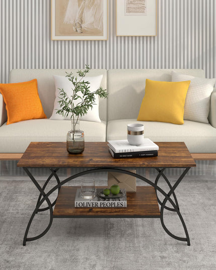 Table basse rectangulaire à 2 niveaux Giantex, table de cocktail moderne chic avec étagère de rangement ouverte, blanc/doré