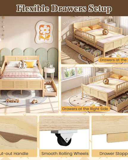 GIANTEX Full/Twin  Size Bed Frame with 2 Storage Drawer & Guardrails for Kids