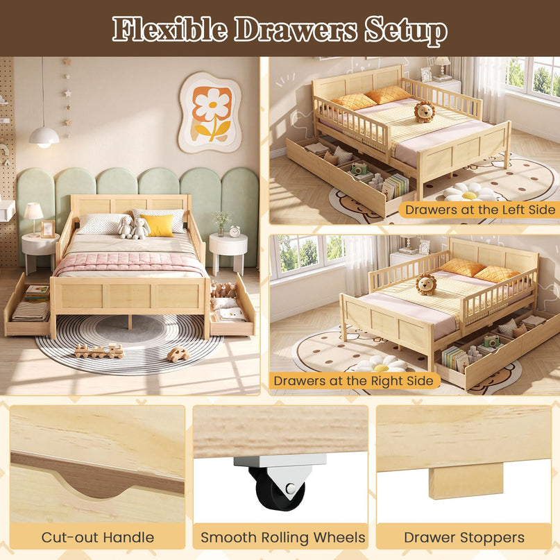 GIANTEX Full/Twin  Size Bed Frame with 2 Storage Drawer & Guardrails for Kids