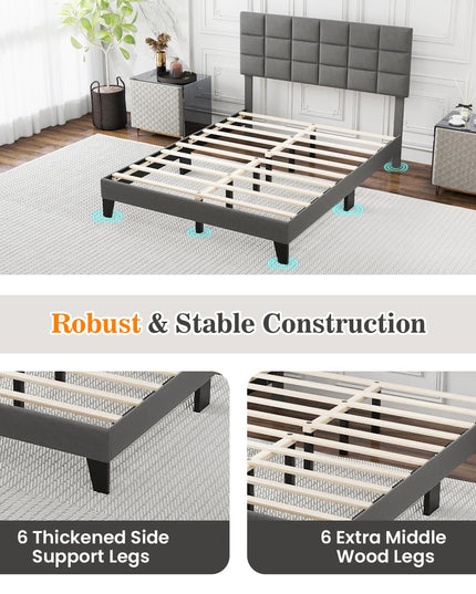 Giantex Full Size Platform Bed, Linen Fabric Upholstered Bed Frame with Adjustable Headboard & Wooden Slat Support