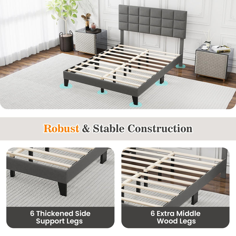 Giantex Full Size Platform Bed, Linen Fabric Upholstered Bed Frame with Adjustable Headboard & Wooden Slat Support