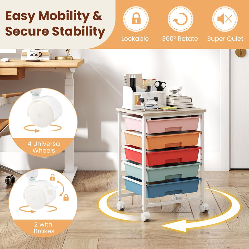 Giantex 5 Drawers Rolling Cart with Wheels Wood Top Sturdy Frame