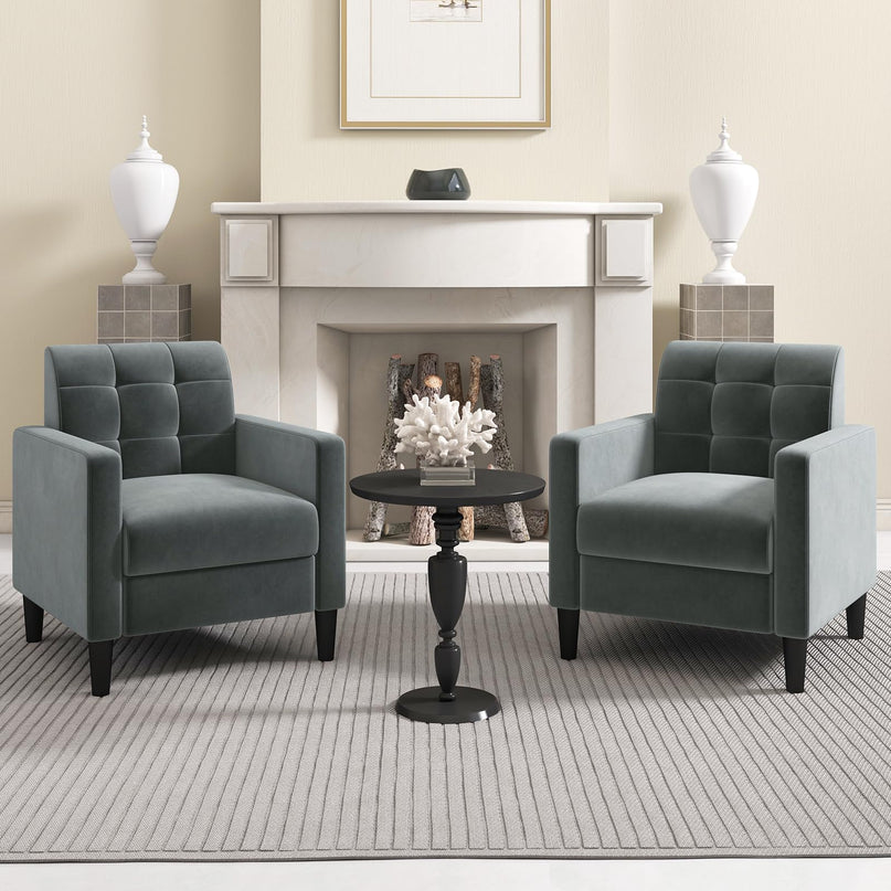 Giantex Modern Velvet Accent Chair Set, Upholstered Comfy Armchair with Tufted Back, Arms, Mid Century Single Sofa Side Chair