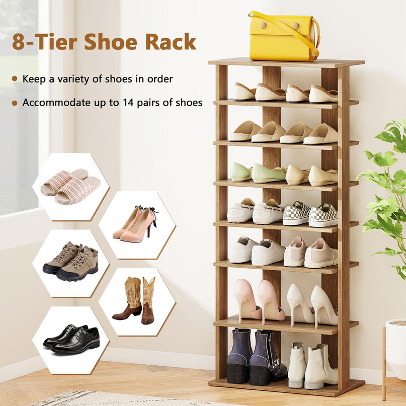 Giantex 8-Tier Wooden Shoe Rack Patented Double Row Shoe Organizer for 16 Pairs
