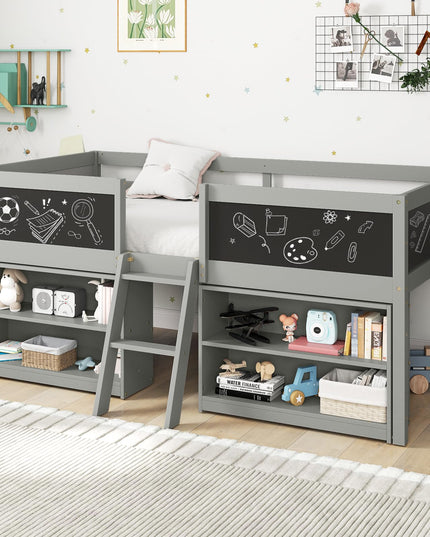 Giantex Low Loft Bed Twin Size, Wooden Loft Bed with Ladder & Blackboard
