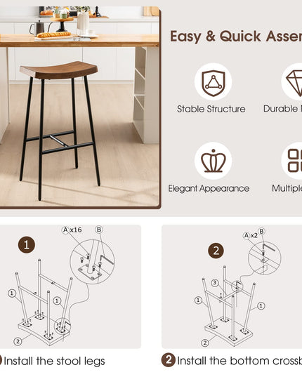 Industrial Saddle Stool with Footrest, Metal Legs, Adjustable Foot Pads, Backless Counter Height Chair for Living Room Kitchen Bar