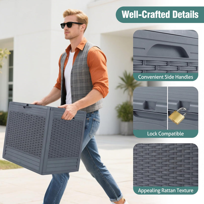 Giantex 25 Gallon Outdoor Storage Box with Rattan Patterns & Lockable Lid