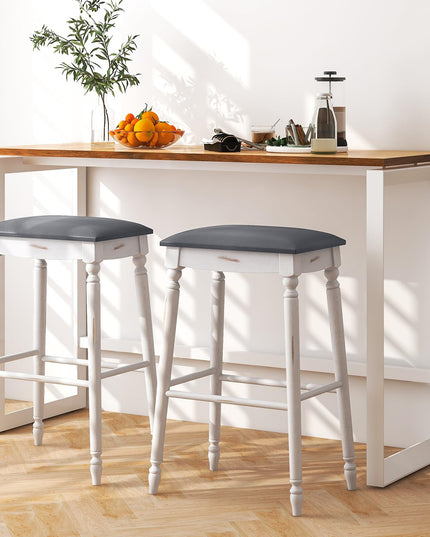 Giantex Bar Stools, 29"/24" Bar Height Saddle Stools w/Padded Seat, Rubber Wood Legs, Footrests & Antiqued Surface