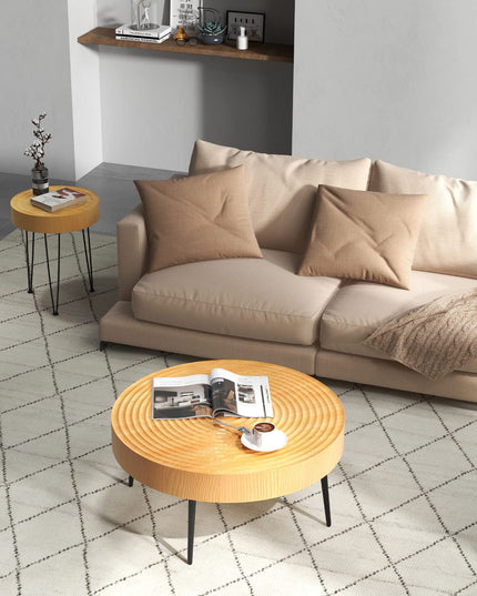 Giantex Round Coffee Table Set of 2 - Sofa Side Nesting Table w/Solid Pine Wood Top