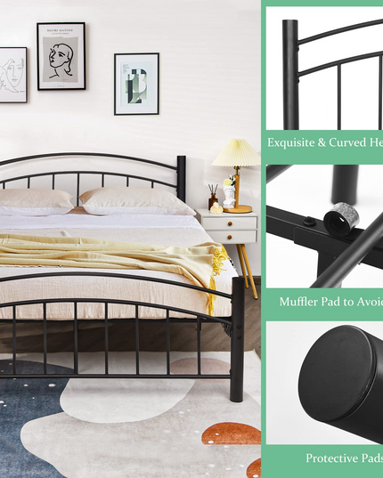 Black Modern Platform Bed with Headboard and Footboard | Metal Bed Frame