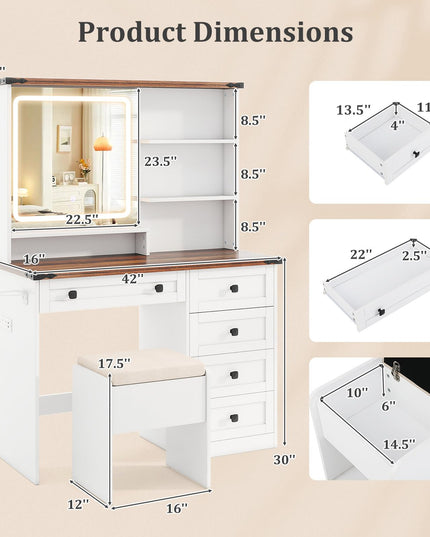 CHARMAID Vanity Desk with Mirror and Lights, Farmhouse Makeup Vanity Desk with 5 Drawers, 3 Shelves