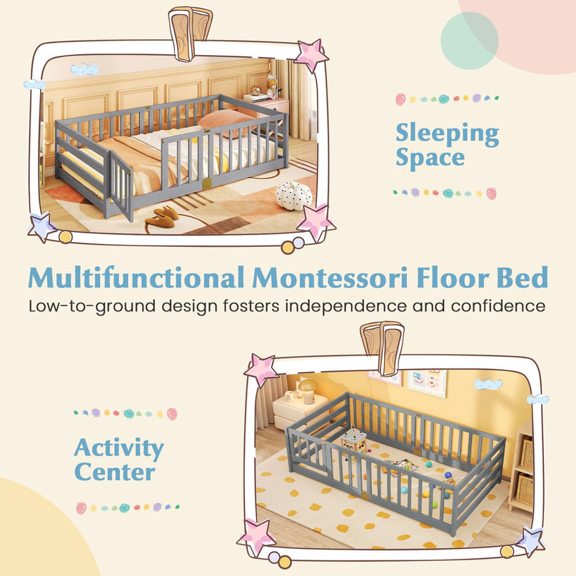 Giantex Twin Floor Bed with High Fence & Door