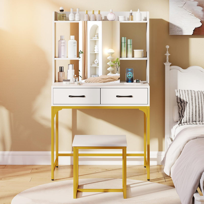 Vanity Desk with Charging Station for Bedroom