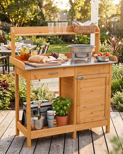 Giantex Potting Bench Table with Storage Cabinet & Drawer