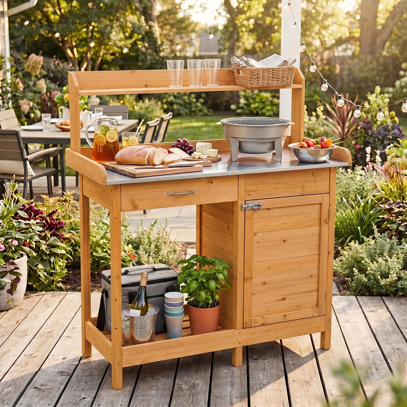 Giantex Potting Bench Table with Storage Cabinet & Drawer