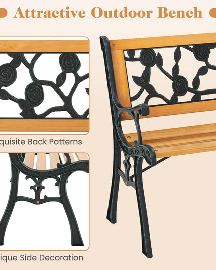 Giantex Outdoor Bench, 3-Person Park Bench with Slatted Seat, Curved Armrests, Floral Pattern Backrest