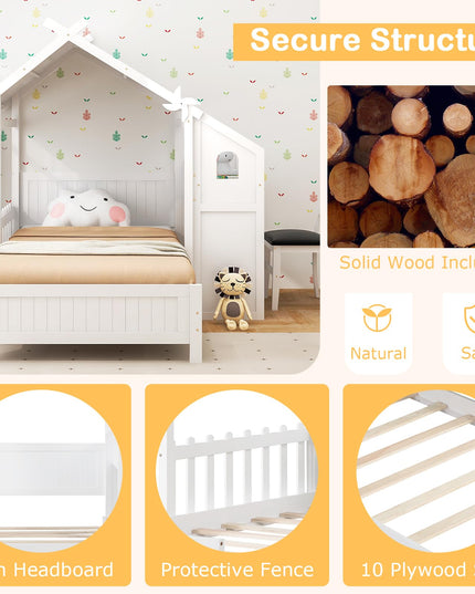 Giantex Twin House Bed with Desk & Chair, Wood Kids Playhouse Bed with 2 Drawers