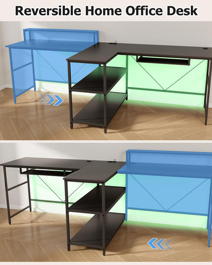 Giantex 94.5” 2 Person Desk with LED Lights, Long PC Study Desk with Storage Shelves, Power Outlets