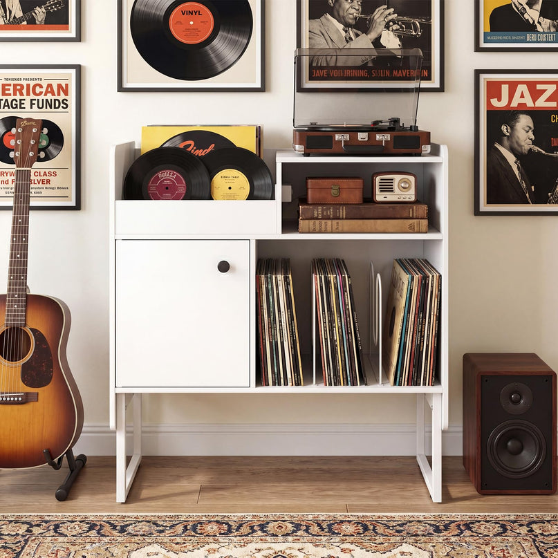 Giantex Record Player Stand with Open Shelf & Cabinet Hold Up to 250 Albums